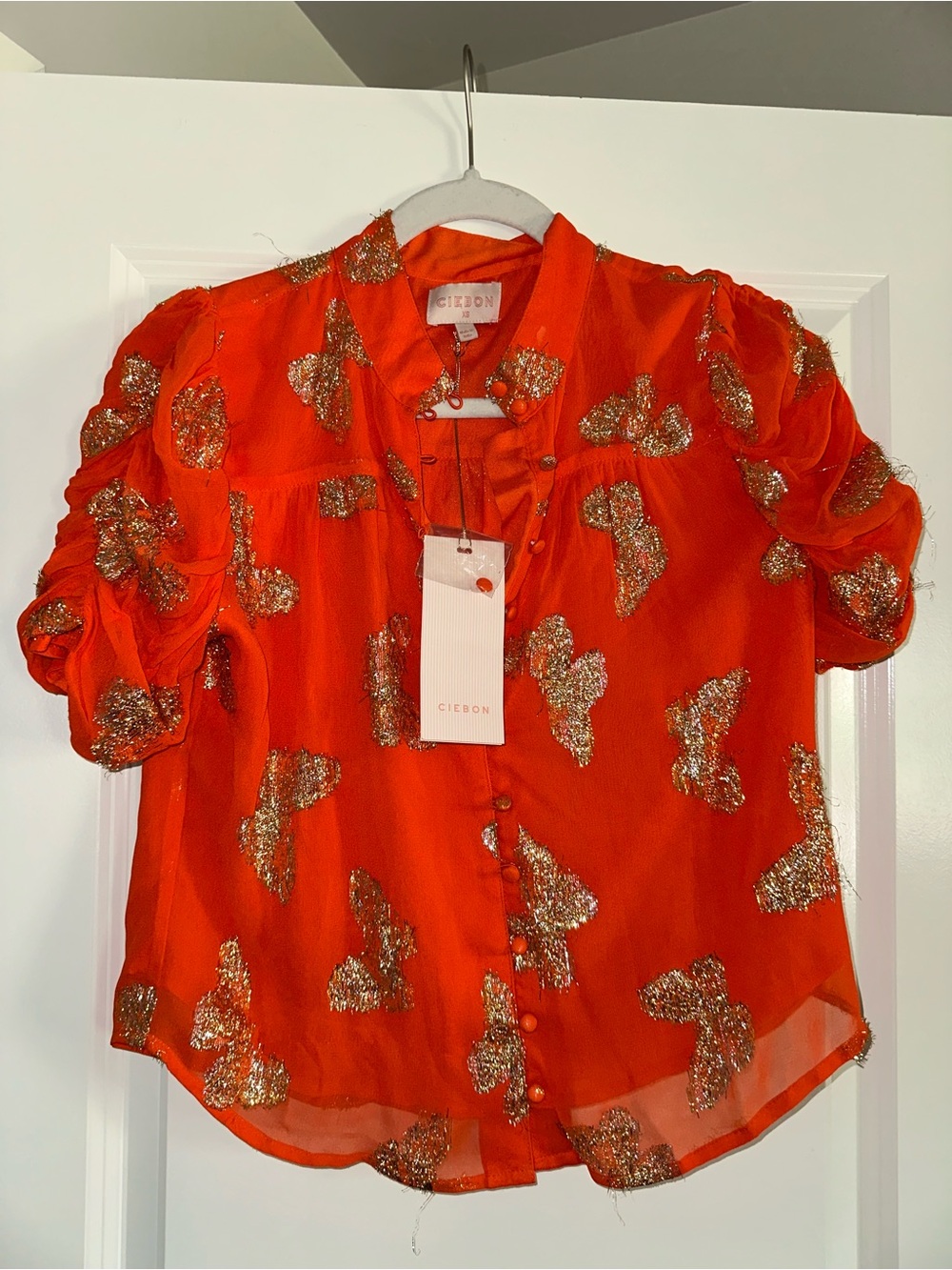 Ciebon Orange Metallic Accent Puff-Sleeve Blouse butterfly NEW